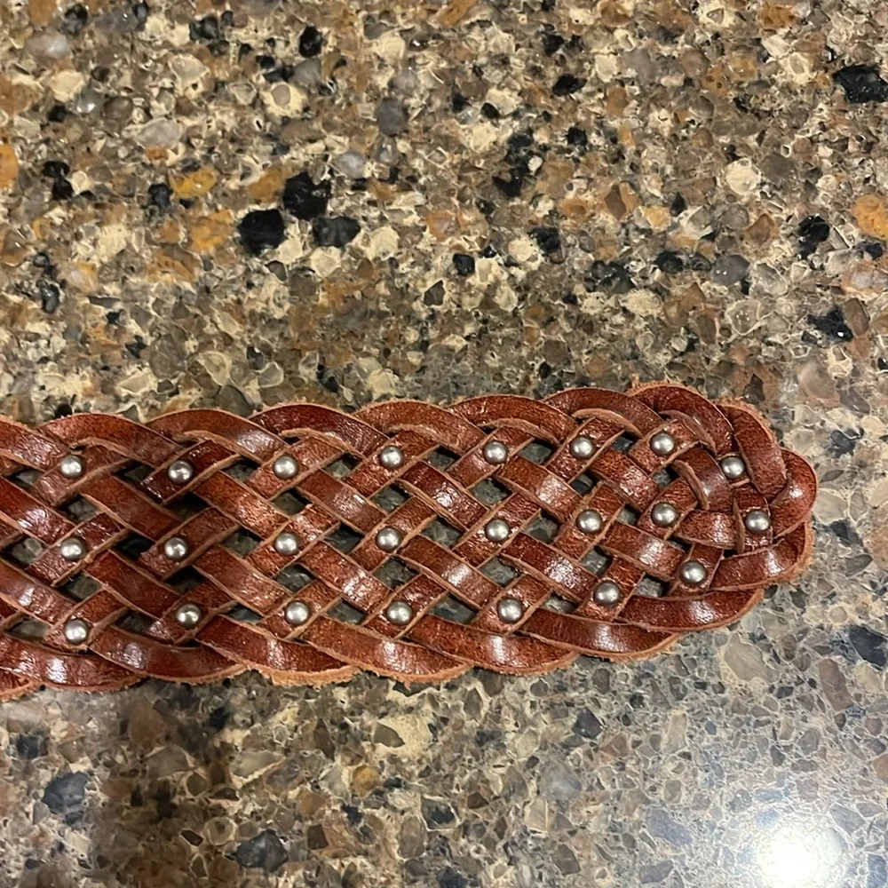 American Eagle Women’s Brown Leather Braided Silver Buckle Studs Belt S M